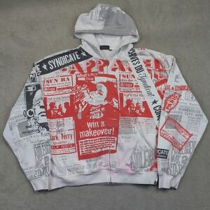 Syndicate Hoodie Mens 2XL White Red Newspaper Print Zip Up Designed In Paris